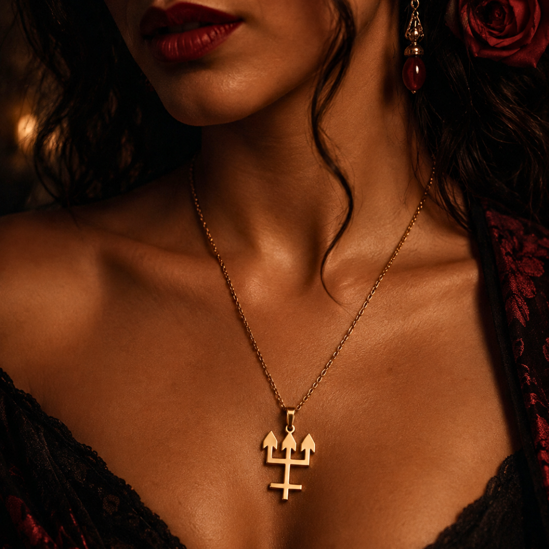 Colar de Tridente de Exu Dourado - Aço Inoxidável