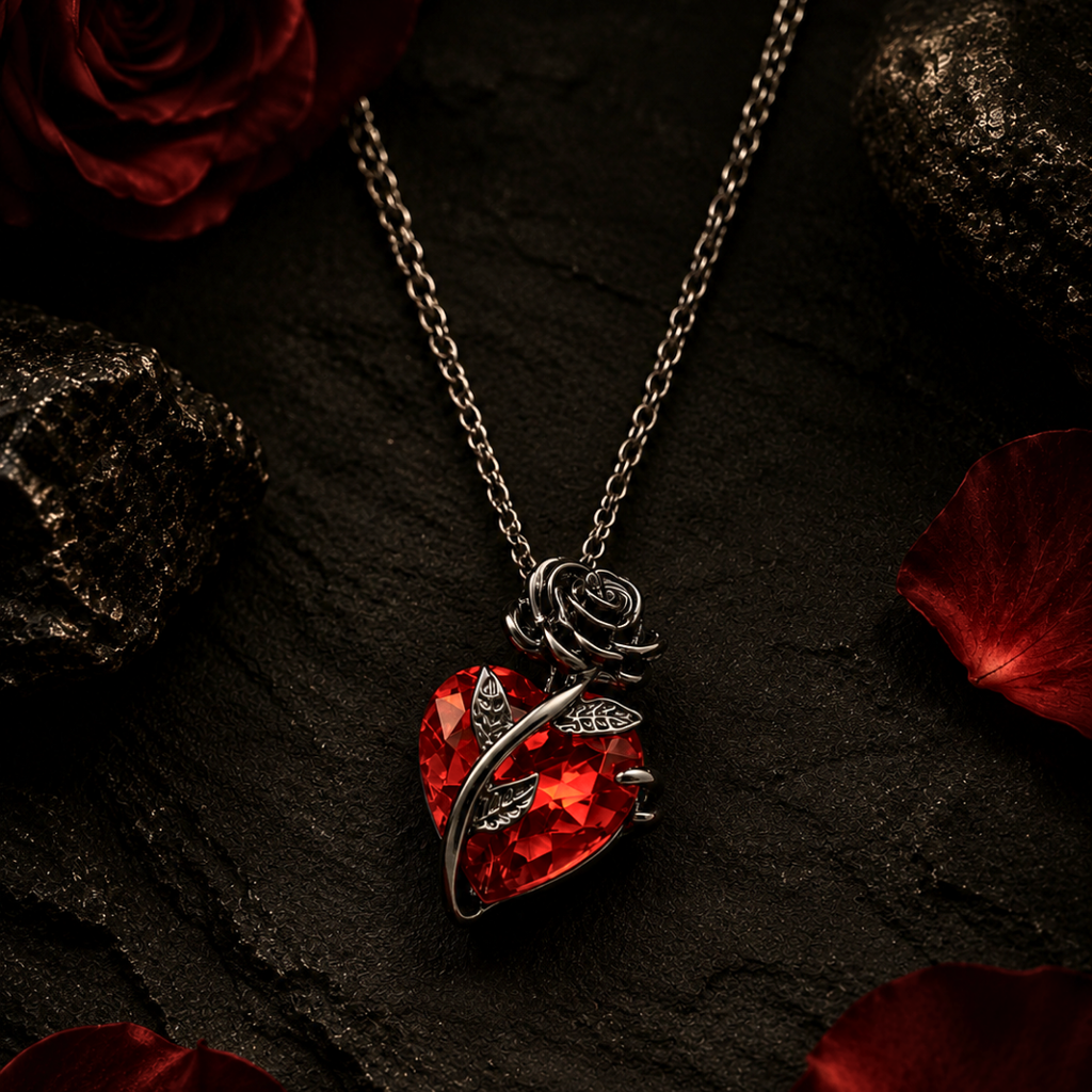 Red Heart Necklace with Black Rose