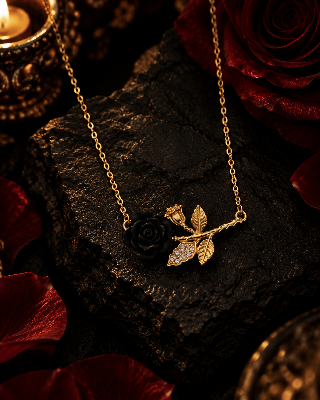 Colar Rosa Vermelha/Preta - Aço Inoxidável Banhado a Ouro