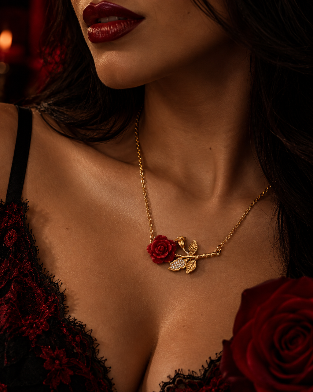 Colar Rosa Vermelha/Preta - Aço Inoxidável Banhado a Ouro