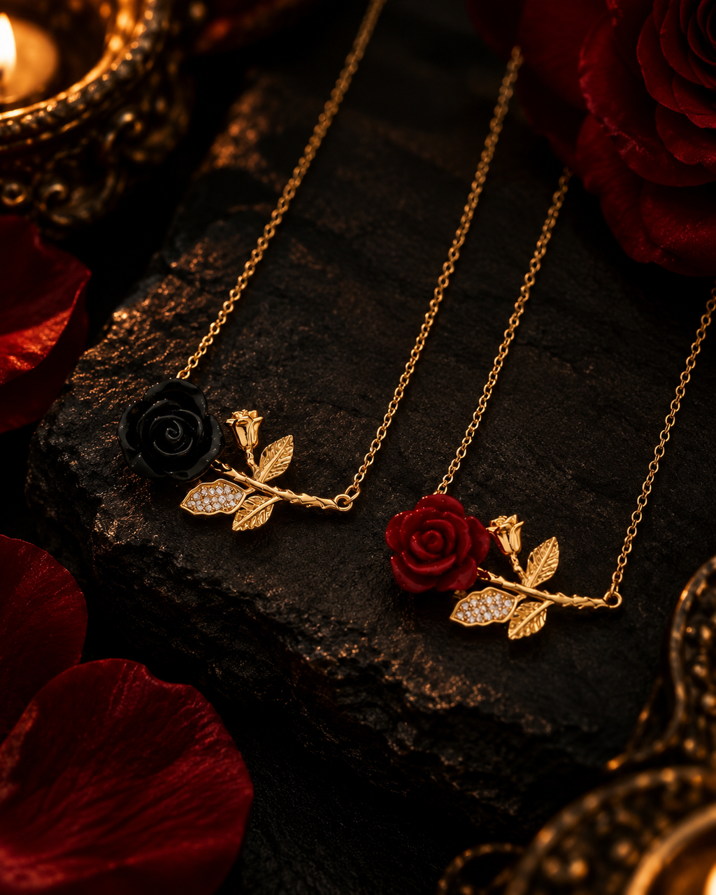 Colar Rosa Vermelha/Preta - Aço Inoxidável Banhado a Ouro