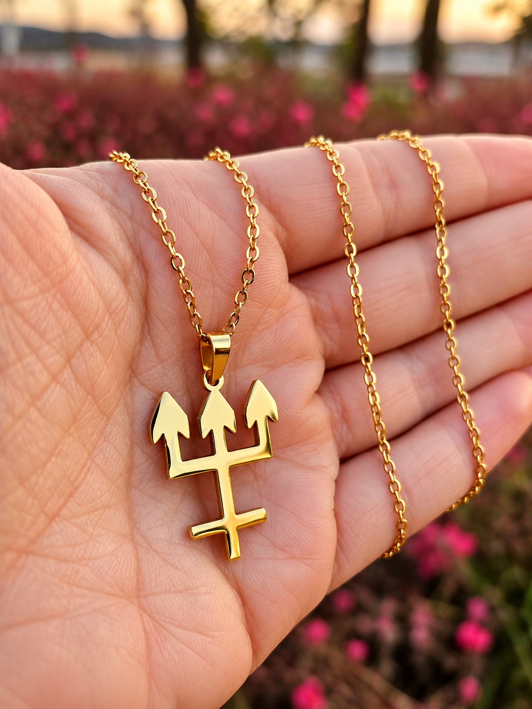 Colar de Tridente de Exu Dourado - Aço Inoxidável