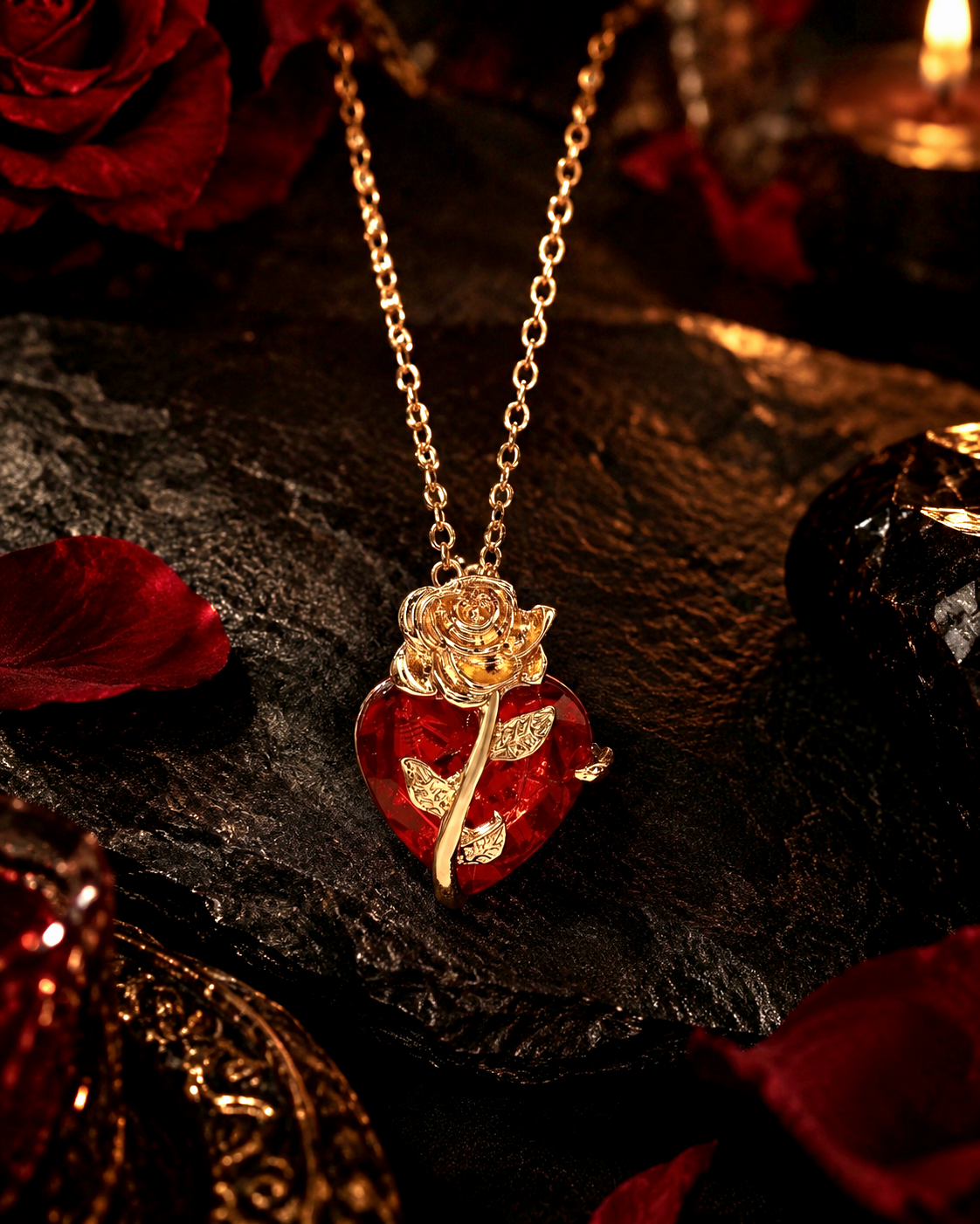 Colar de Coração Vermelho com Rosa Dourado